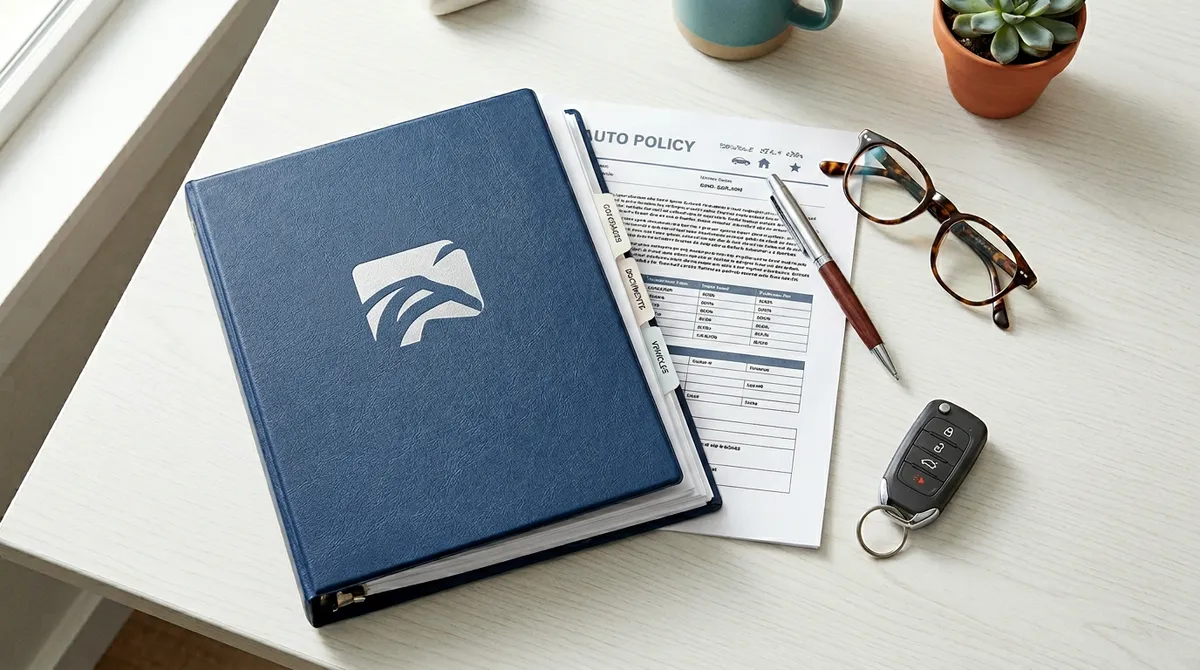 Stół roboczy z dokumentami ubezpieczeniowymi i kluczykami do pojazdu