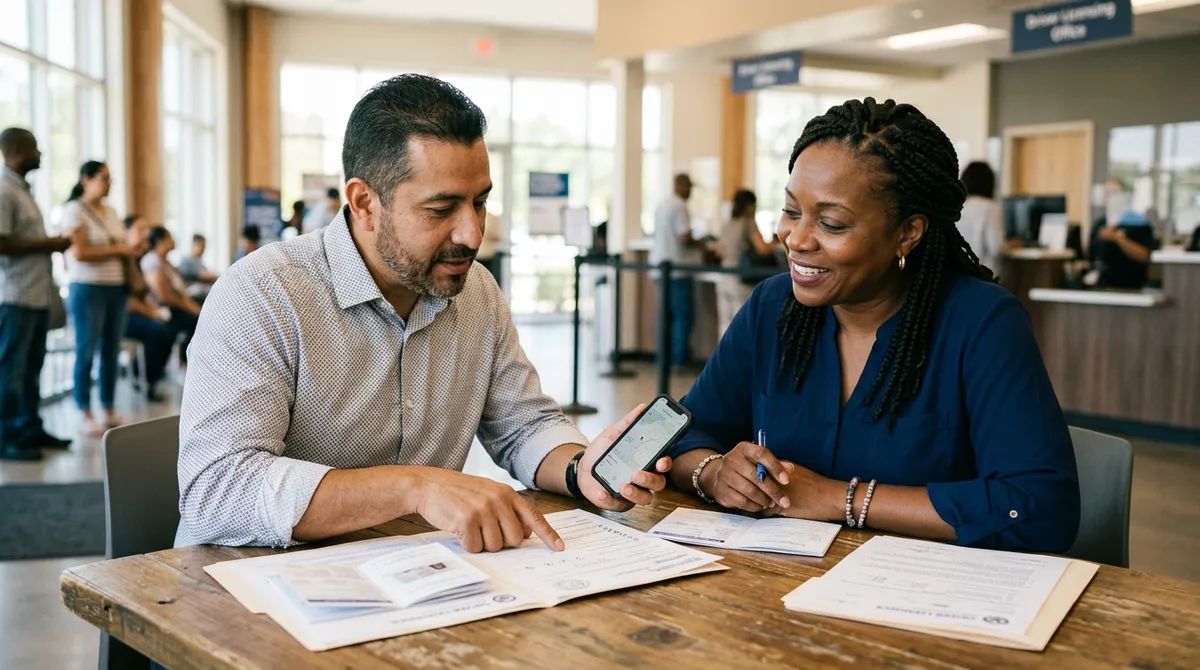 Dwie osoby omawiają dokumenty kierowcy przy stole